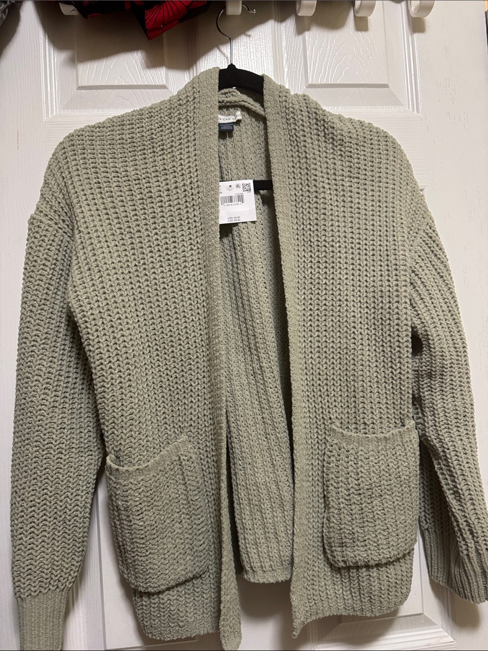 American Eagle Outfitters Sage Green Waffle Knit Open-Front Cardigan - Picture 3 of 3